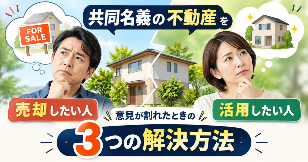 共同名義の不動産を売却したい人と活用したい人が、意見が割れて悩んでいるイラスト
